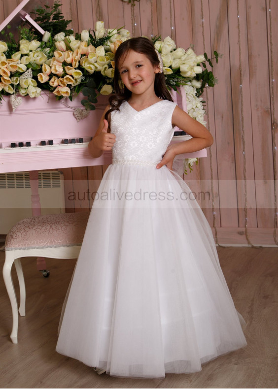 Ivory Lace Tulle Floor Length Flower Girl Dress With Train
